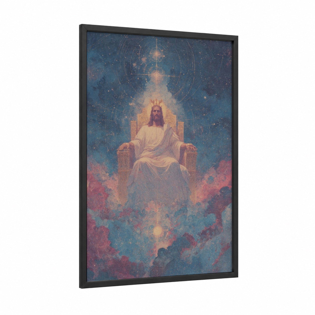 Celestial Christ Enthroned framed jesus christ print — black wood frame — blue and gold palette