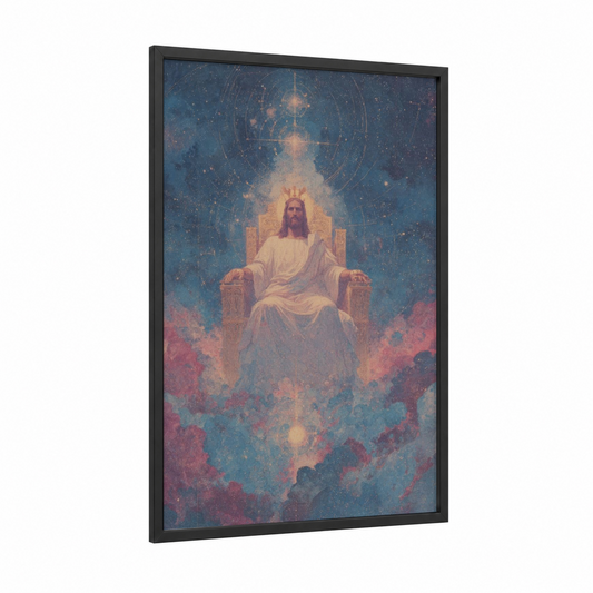 Celestial Christ Enthroned framed jesus christ print — black wood frame — blue and gold palette