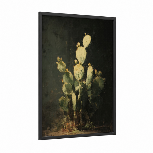 Desert Prickly Pear framed cactus print — black wood frame — gold and black palette
