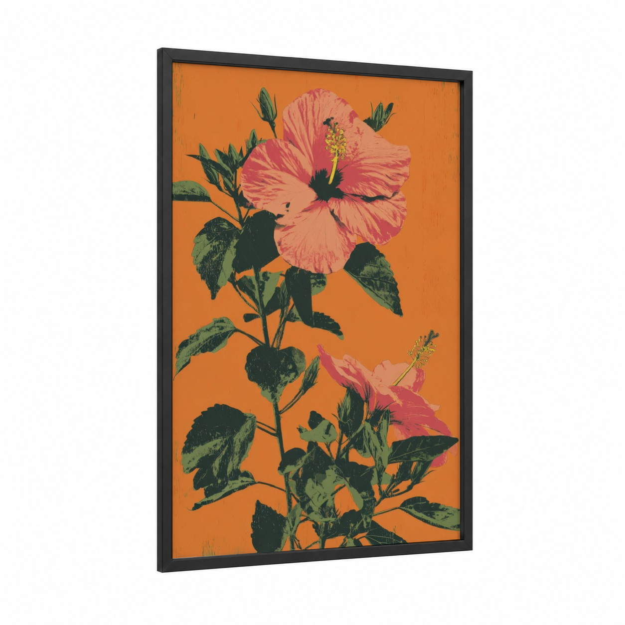 Coral Hibiscus framed art print — black wood frame — orange and pink palette