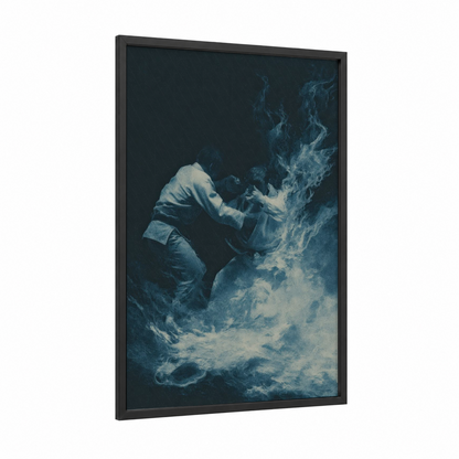 Ethereal Grapple framed jiu jutsu print — black wood frame — teal and white palette