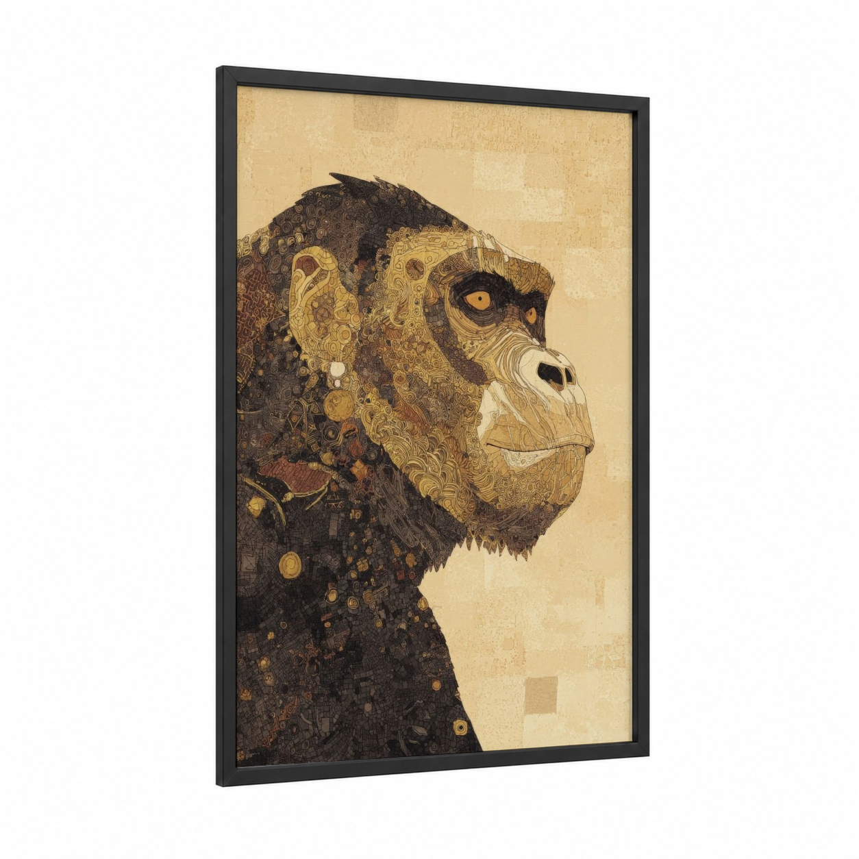 Golden Gorilla Portrait framed art print — black wood frame — gold and brown palette