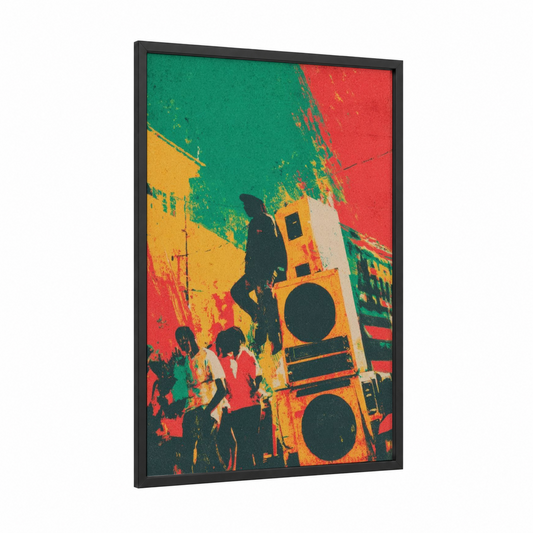 Reggae Vibes framed art print — black wood frame — true green and red palette