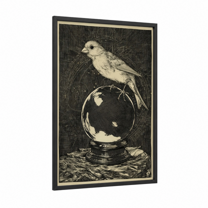 Celestial Canary framed canaries print — black wood frame — black and white and cream palette