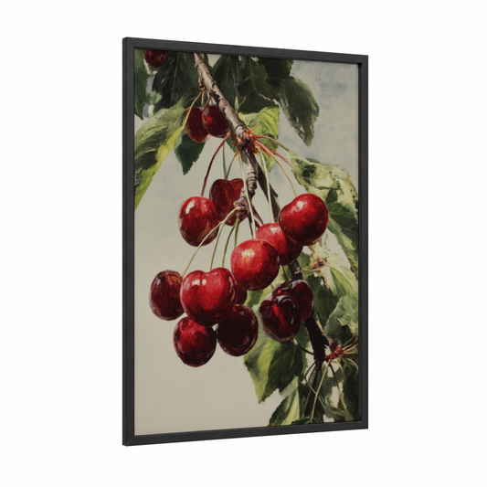 Crimson Cherry Branch framed fruit trees print — black wood frame — red and dark green palette
