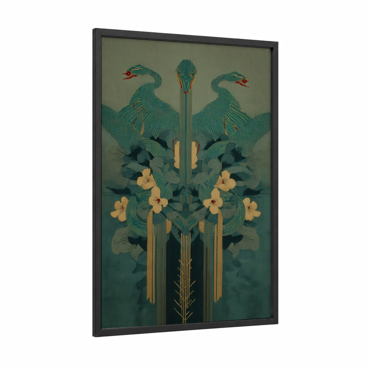 Emerald Basilisk framed art print — black wood frame — teal and gold palette