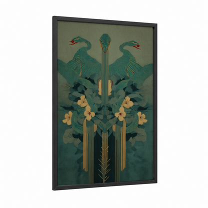 Emerald Basilisk framed art print — black wood frame — teal and gold palette