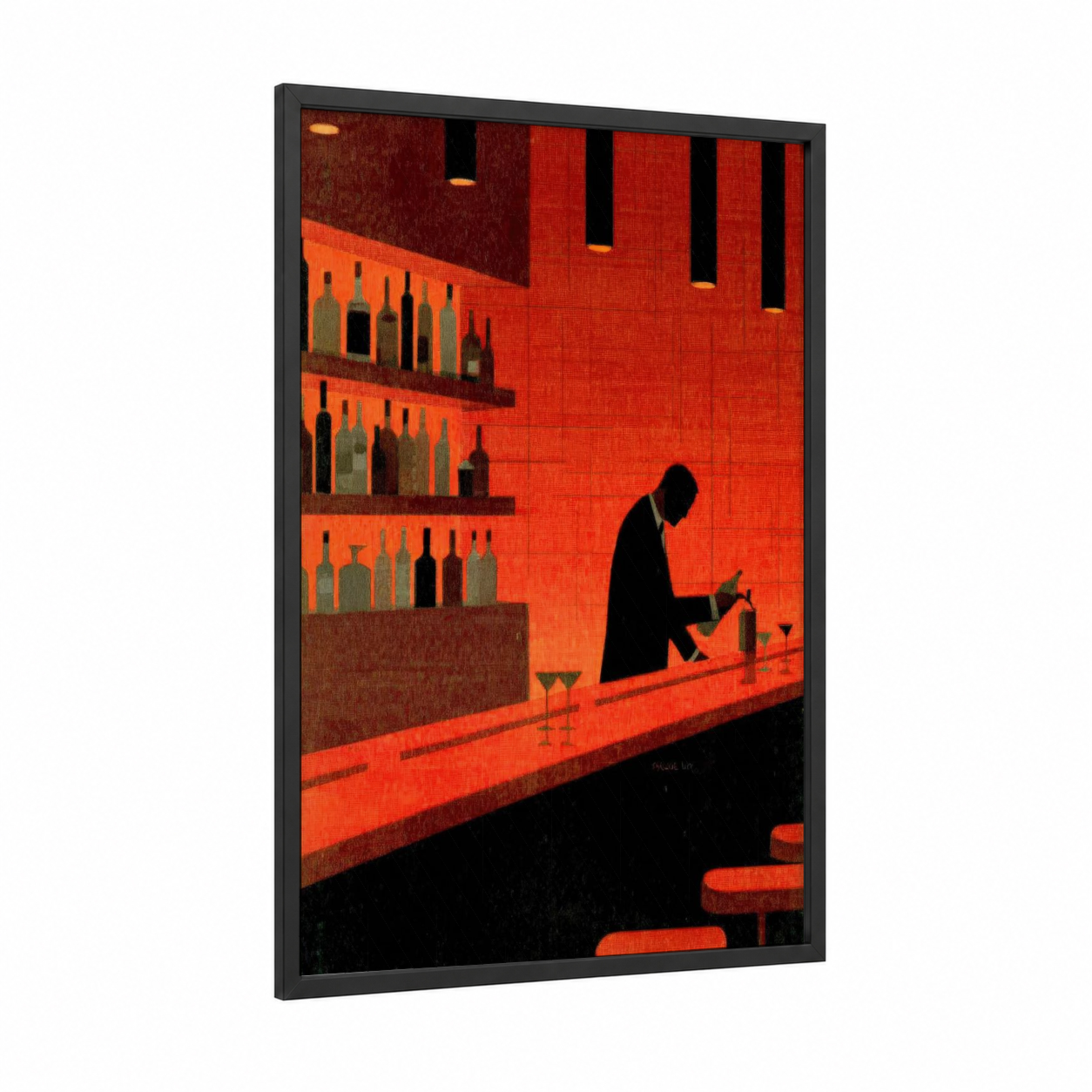 Vintage Bartender framed cocktail print — black wood frame — red and black and gold palette