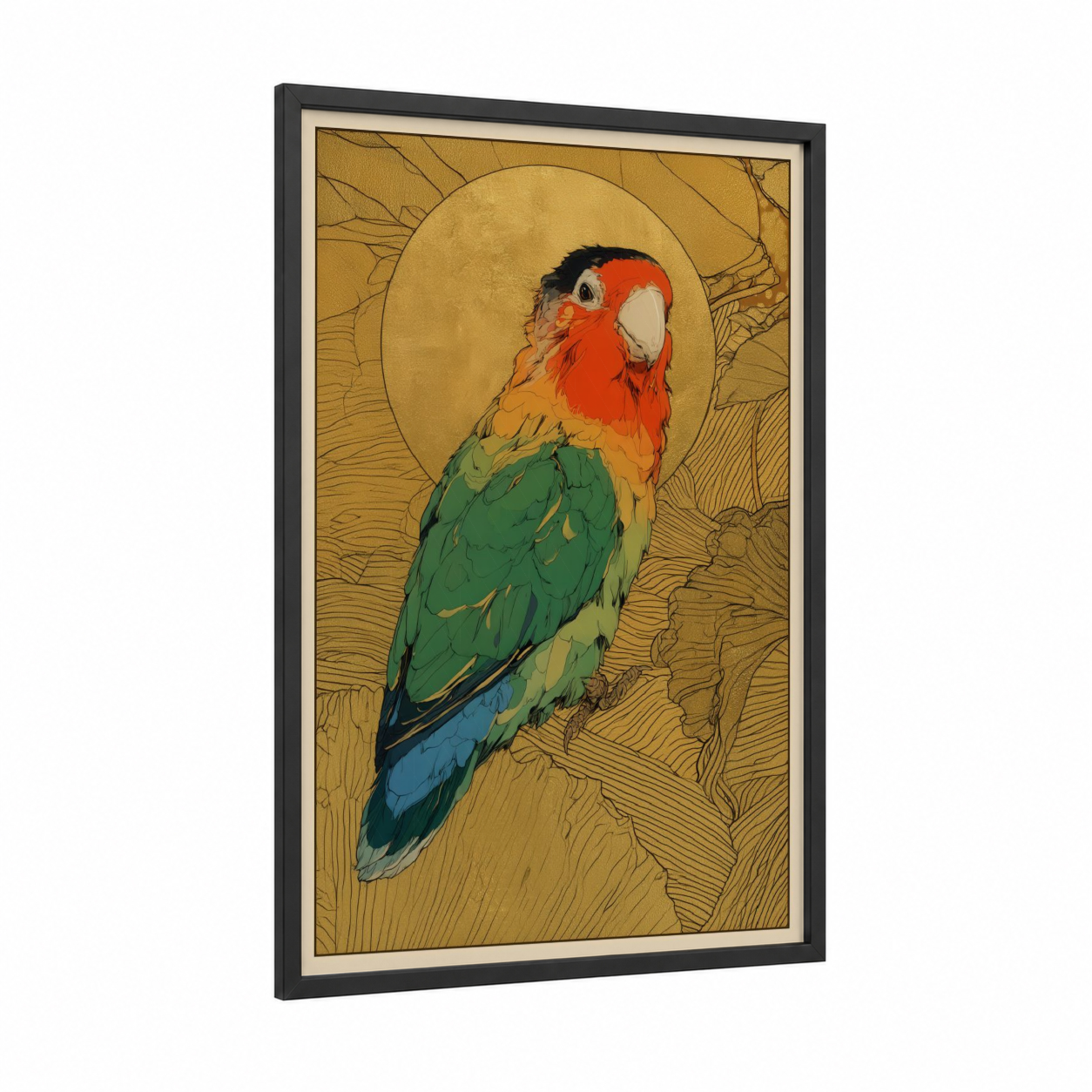 Golden Macaw framed safari parrots print — black wood frame — gold and orange palette