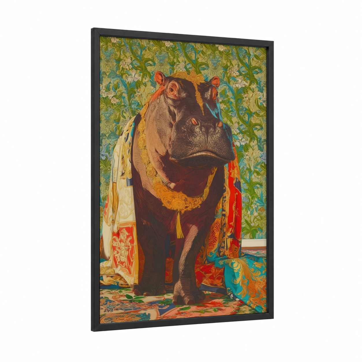 Ornate Hippo framed art print — black wood frame — gold and red palette