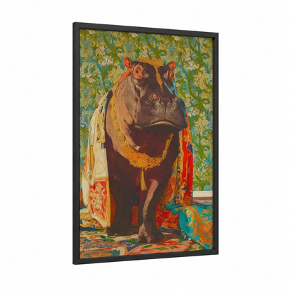 Ornate Hippo framed art print — black wood frame — gold and red palette