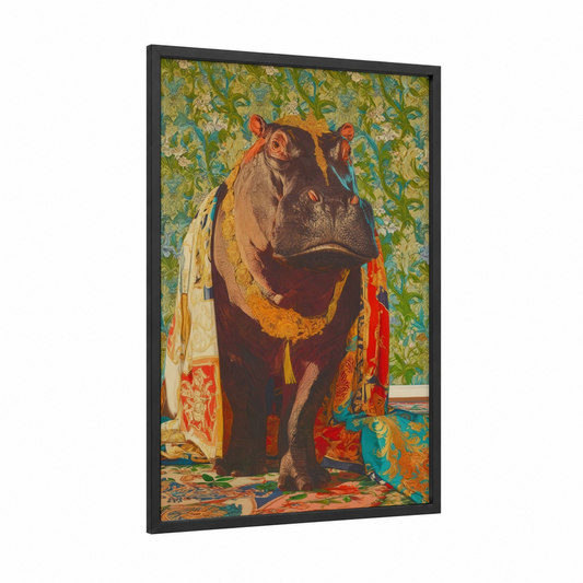 Ornate Hippo framed art print — black wood frame — gold and red palette
