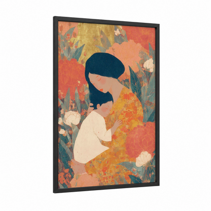 Blooming Mother framed mother's day print — black wood frame — peach and gold palette