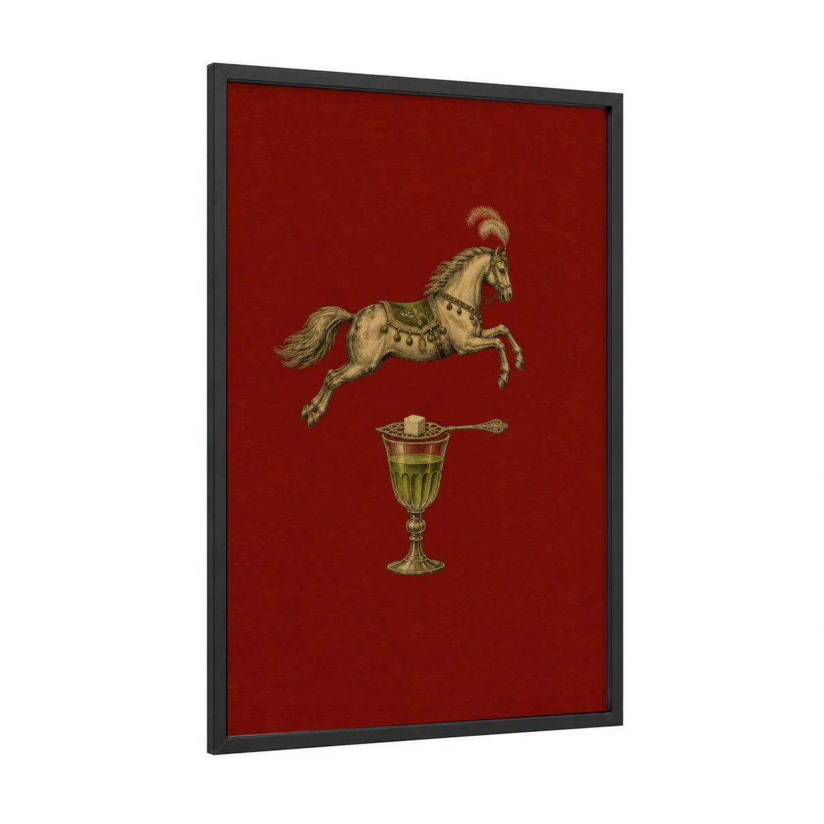 Ornate Horse and Cocktail Wall Art framed art print — black wood frame — red and gold palette