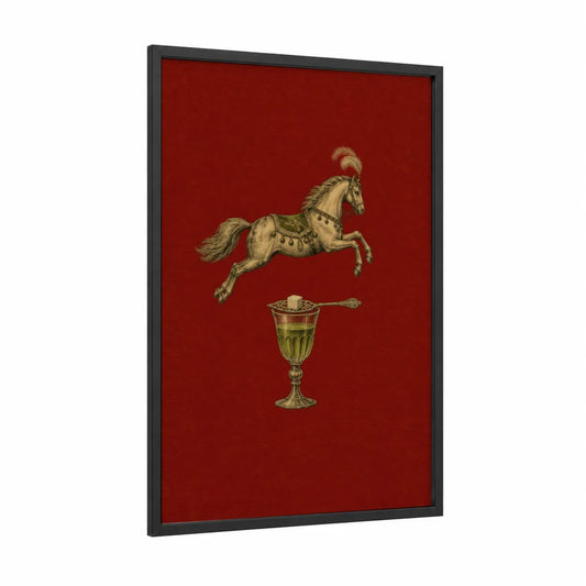Ornate Horse and Cocktail Wall Art framed art print — black wood frame — red and gold palette