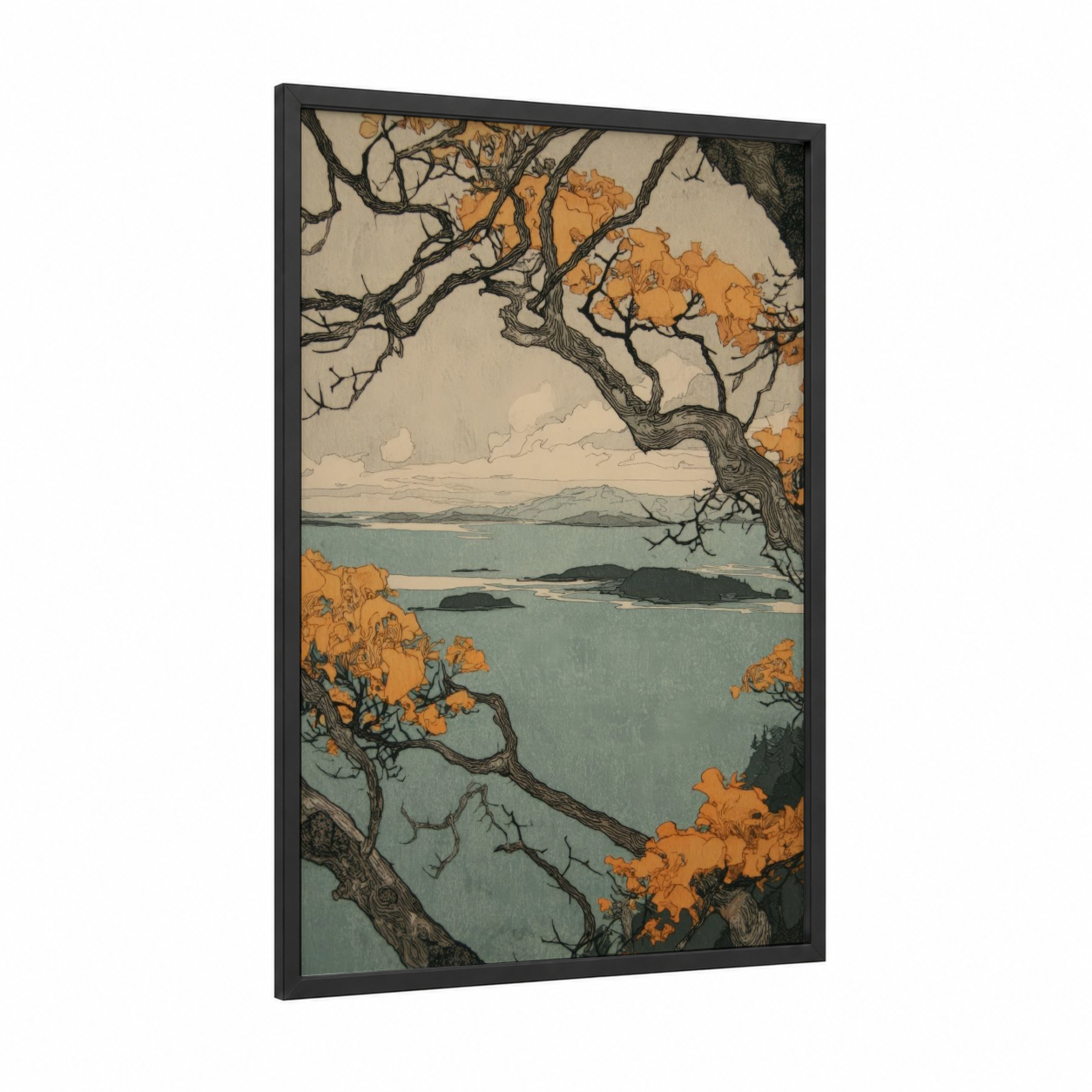 Autumn Arbutus framed arbutus tree print — black wood frame — gold and sage green palette
