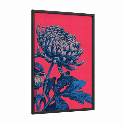 Crimson Chrysanthemum framed art print — black wood frame — magenta and black and gold palette