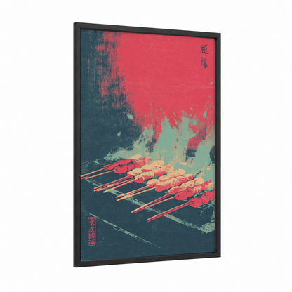 Crimson Skewers framed poultry print — black wood frame — red and teal palette