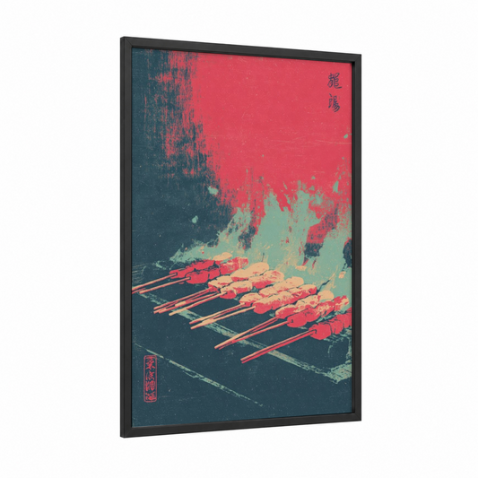 Crimson Skewers framed poultry print — black wood frame — red and teal palette