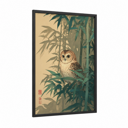 Bamboo Owl framed art print — black wood frame — cream and dark green palette