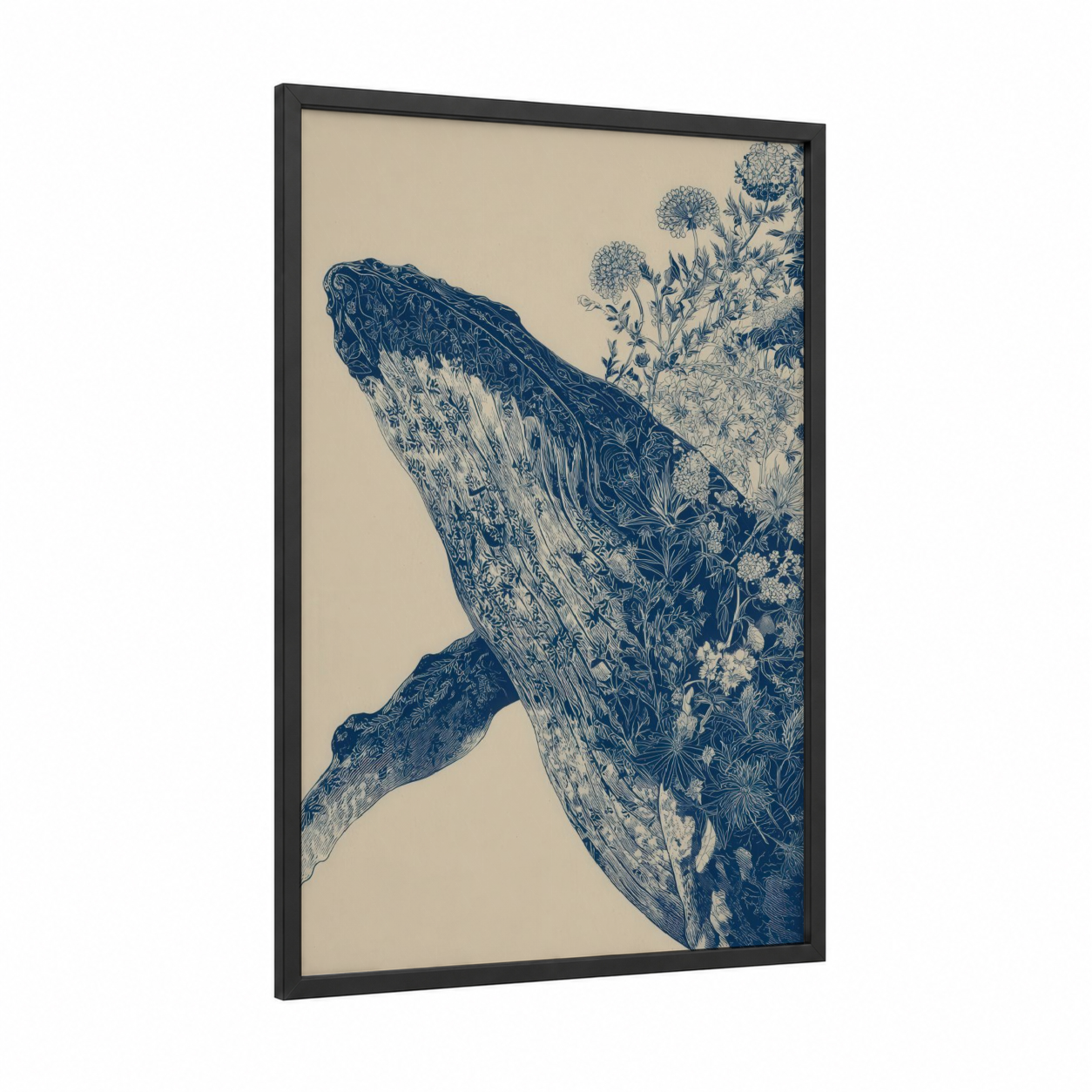 Floral Humpback framed humpback whale print — black wood frame — blue and cream palette