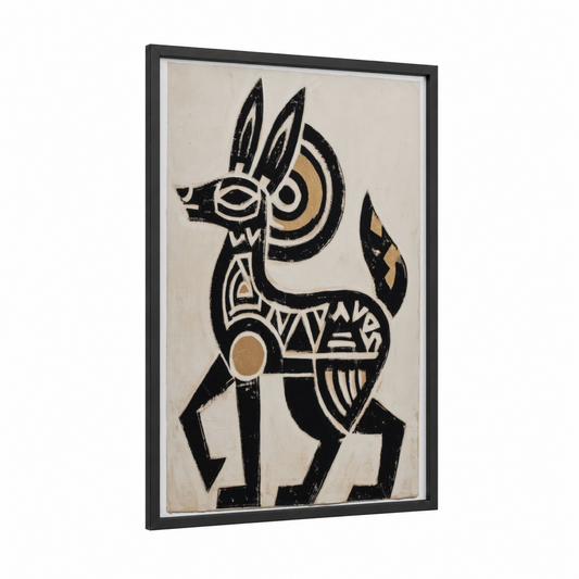 Geometric Llama framed abstract traditional print — black wood frame — black and white and gold palette