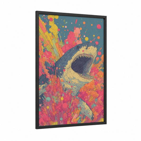 Neon Basking Shark framed art print — black wood frame — magenta and yellow gold palette