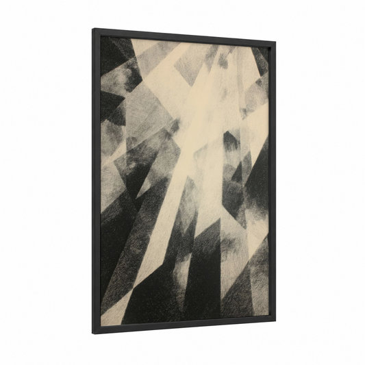 Monochrome Geometry framed abstract geometric print — black wood frame — black and white and gray palette