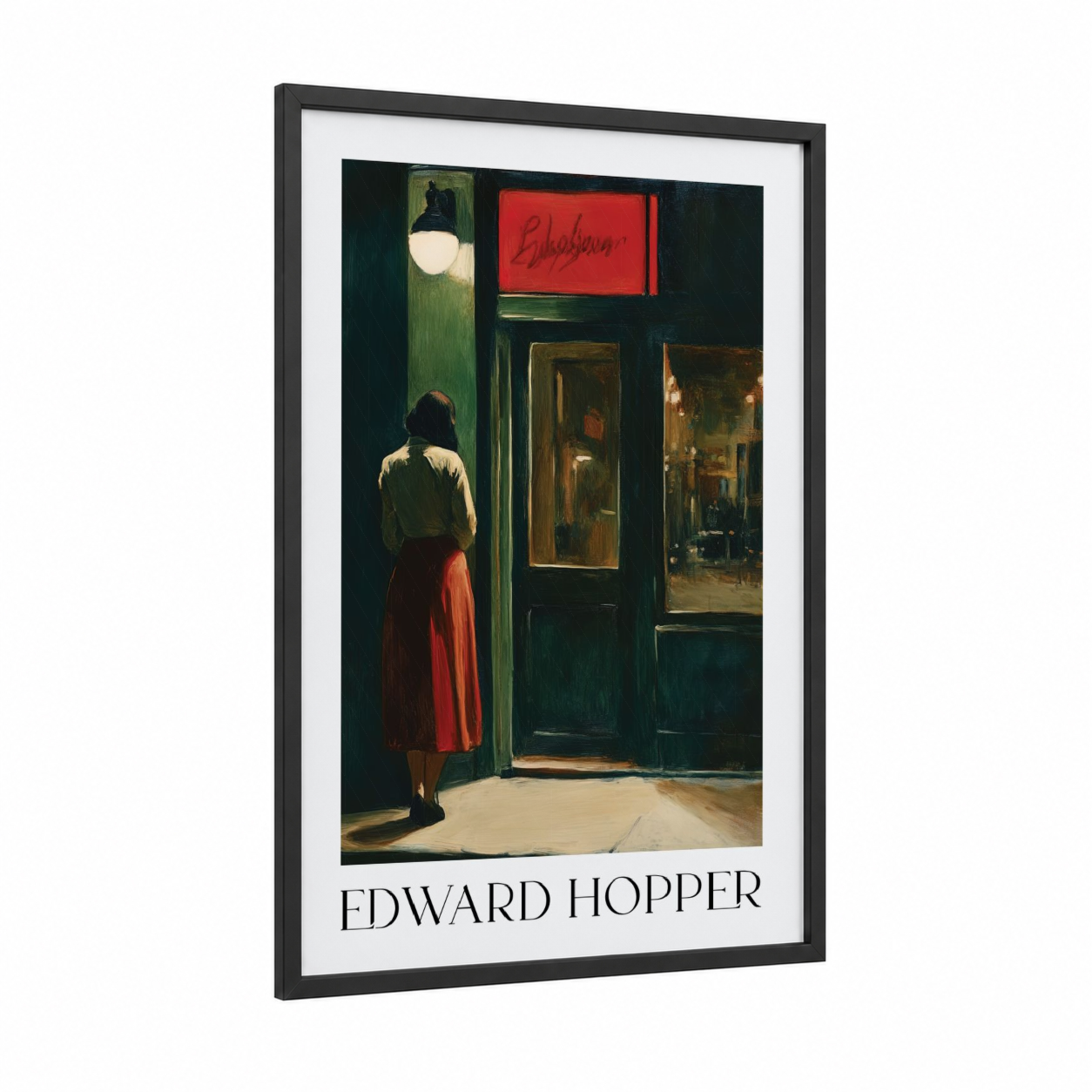 Nighttime Storefront framed art print — black wood frame — black and gold and red palette