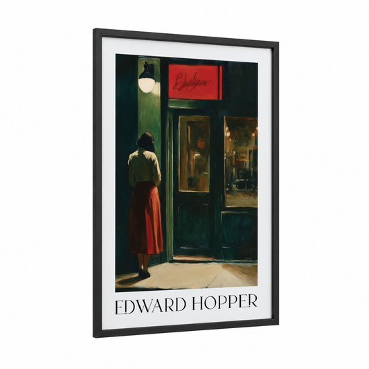 Nighttime Storefront framed art print — black wood frame — black and gold and red palette