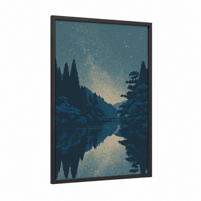 Starlit Forest Reflection framed galaxy print — black wood frame — teal and gold palette