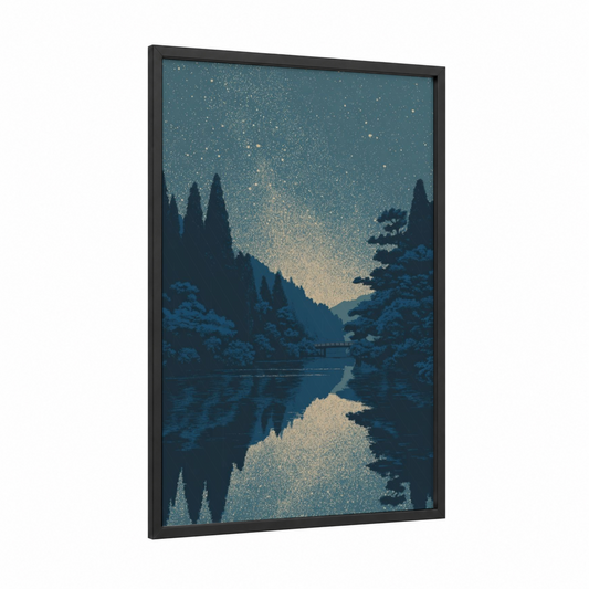 Starlit Forest Reflection framed galaxy print — black wood frame — teal and gold palette