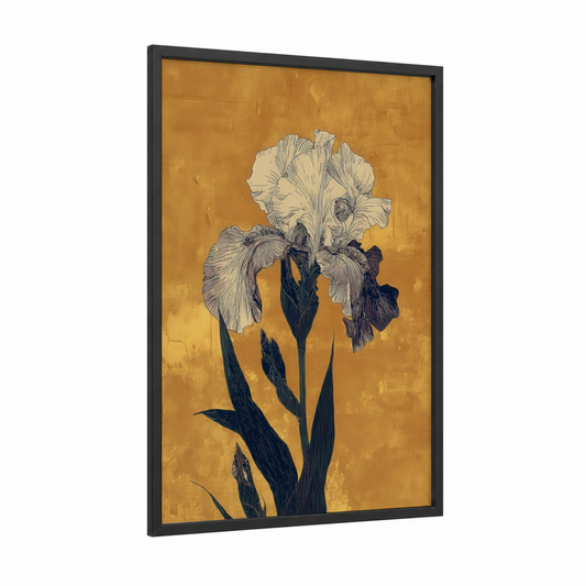Golden Iris framed art print — black wood frame — gold and cream palette