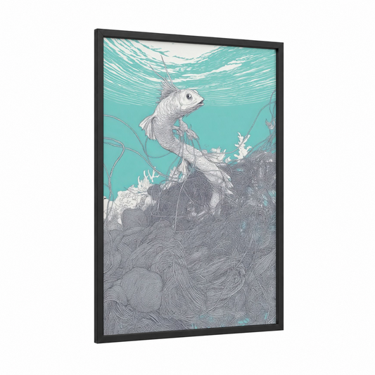 Ethereal Dragon Fish framed art print — black wood frame — teal and gray palette