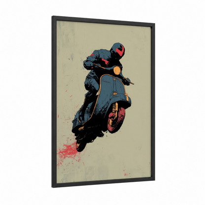 Vintage Scooter Stunt framed art print — black wood frame — blue and red palette