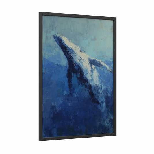 Breaching Gray Whale framed art print — black wood frame — blue and white palette