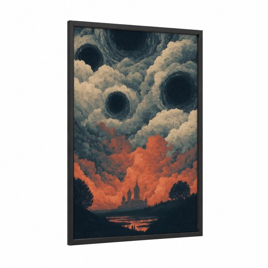 Apocalyptic Citadel framed dark fantasy print — black wood frame — orange and black and white palette