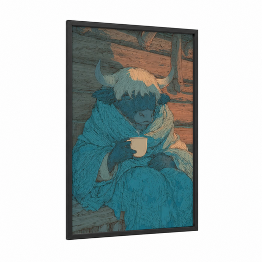 Cozy Yak framed art print — black wood frame — teal and cream palette