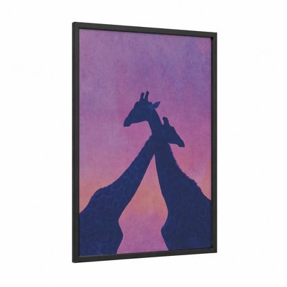 Giraffe Romance Silhouette framed animals in love print — black wood frame — purple and pink palette