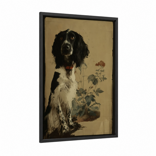 Black & White Spaniel framed art print — black wood frame — black and white and cream palette