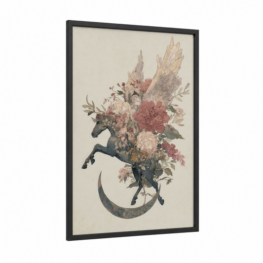 Floral Pegasus framed art print — black wood frame — cream and rose gold palette