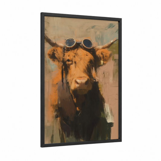 Steampunk Highland framed highland cow print — black wood frame — gold and brown palette