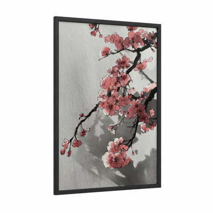 Blossom Branch framed cherry blossoms print — black wood frame — salmon pink and gray and white palette