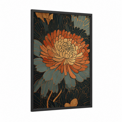 Golden Chrysanthemum framed art print — black wood frame — gold and teal palette