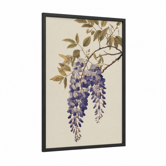 Purple Wisteria Cascade framed art print — black wood frame — lavender and cream palette