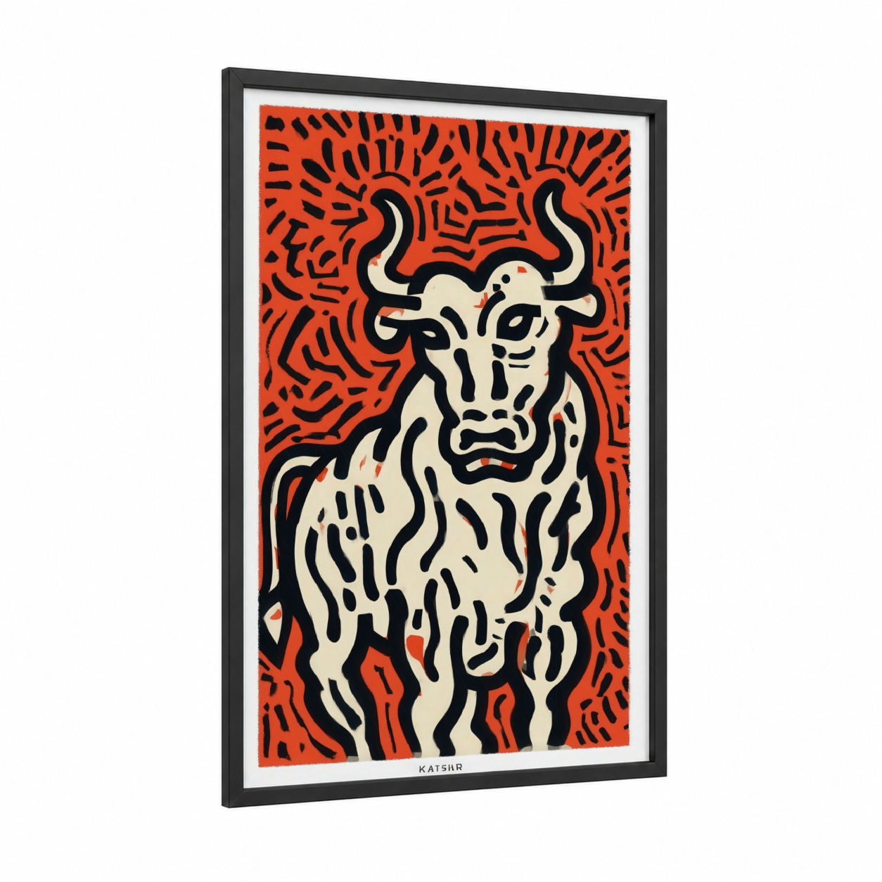 Geometric Bull framed art print — black wood frame — red and white palette
