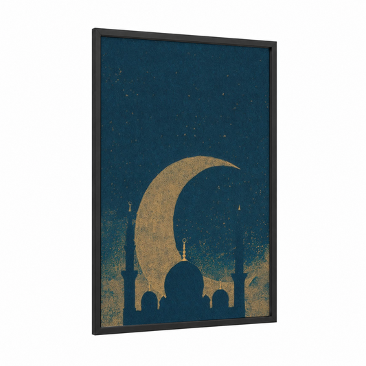Golden Crescent Mosque framed islam print — black wood frame — dark blue and gold and white palette