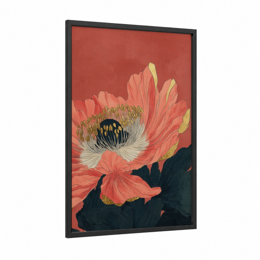 Coral Sea Anemone framed art print — black wood frame — red and gold and white palette
