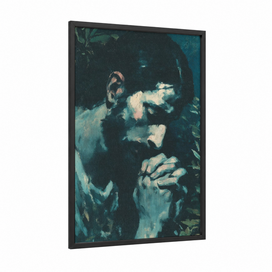 Contemplative Christ framed jesus christ print — black wood frame — dark blue and teal palette