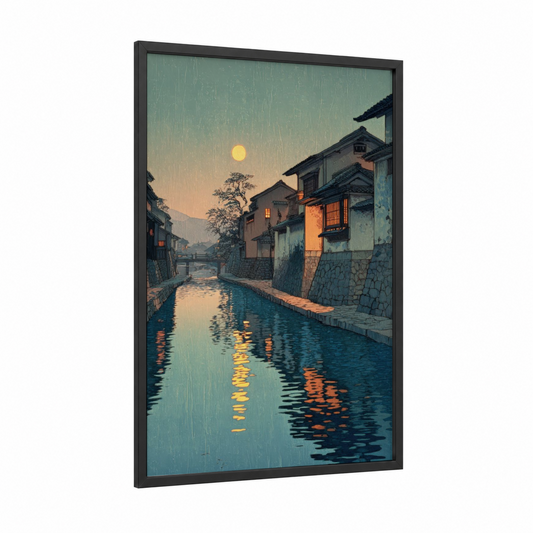 Moonlit Village Canal framed art print — black wood frame — gold and teal palette
